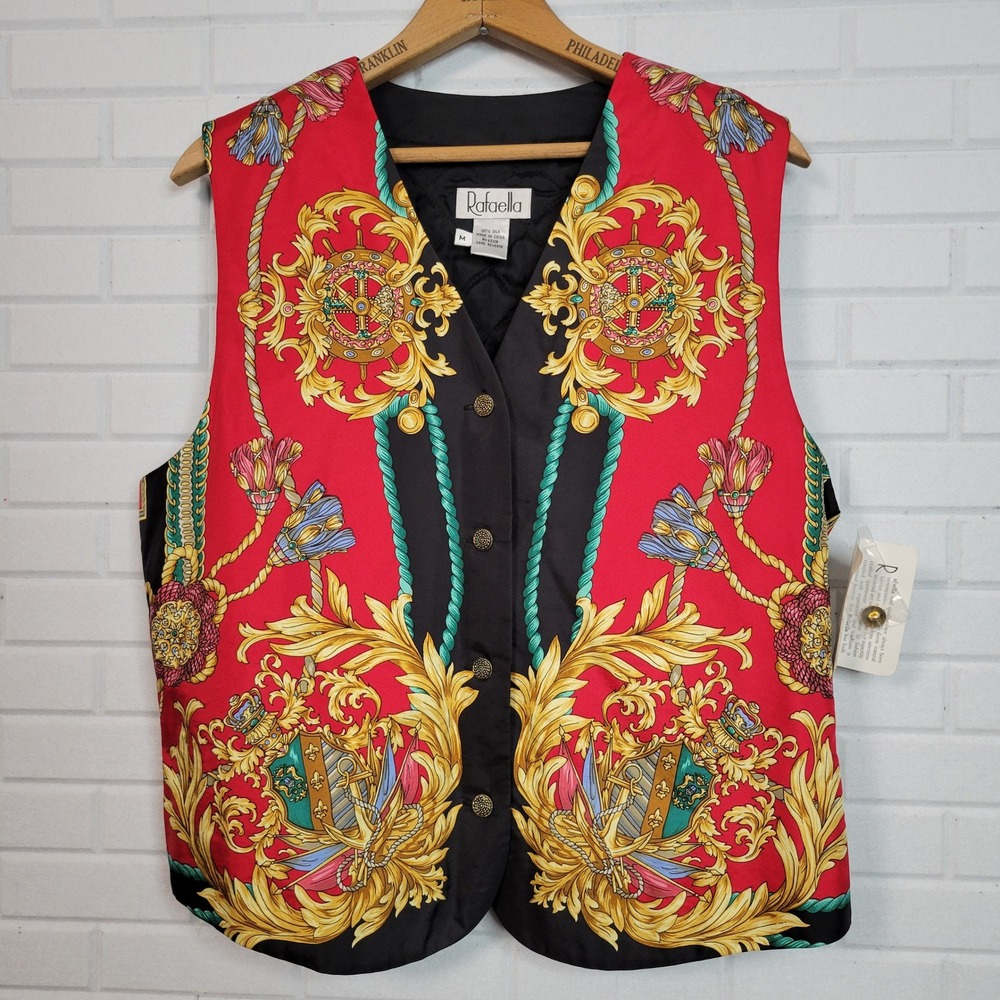 Vintage 1990s Rafaella Silk Scarf Print Vest M Red Gold Equestrian RS7559B - Picture 2 of 13